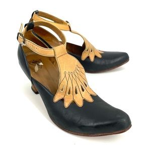John Fluevog Wonder Everest Black and Tan Leather T-Strap Heel